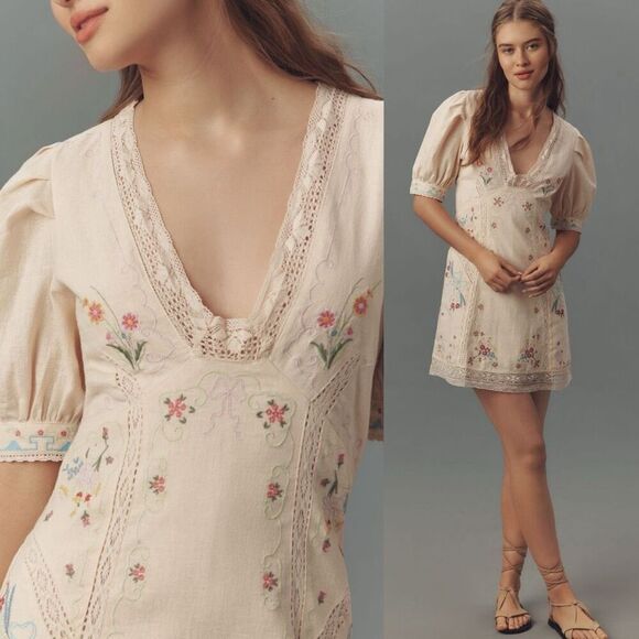 Anthropologie Linen Blend Puff Sleeve v neck mini dress | 6 | NWT New | TikTok t - Picture 4 of 16